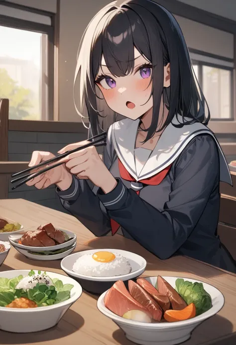 1 girl,  medium chest , school uniform,
i&#39;m sure,food, alone, bowl, holding chopsticks, rice, table, meat, dish, indoor,  si...