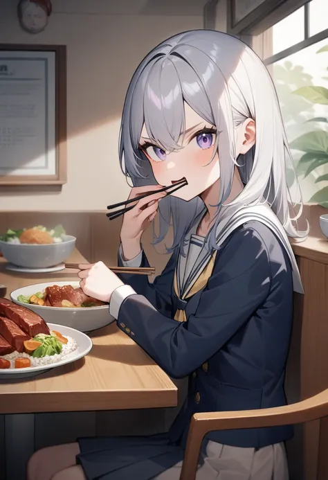 1 girl,  medium chest , school uniform,
i&#39;m sure,food, alone, bowl, holding chopsticks, rice, table, meat, dish, indoor,  si...