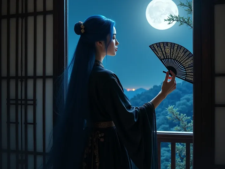 An ultra beautiful Asian woman long  blue hair, holding a very ultra ornate long black ancient lacquered Asian fighting fan, wearing a long black Chinese womans dressing gown, in a darkened room of moonlight streak in through the opened balcony window, Chi...