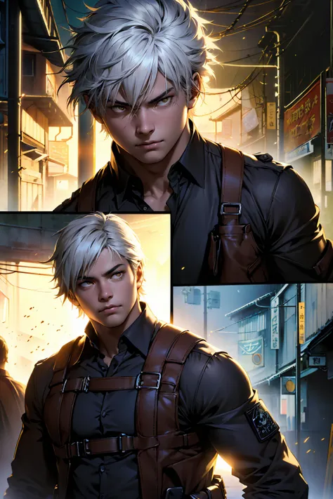  Young man with a calm expression and a confident look, Boxing stance , white hair,  bright yellow eyes ,  wearing brown shoulder holster with a cleaver , ((Kento-Nanami )),  wearing half-finger tactical gloves, military boots, black and gray clothes ;  po...