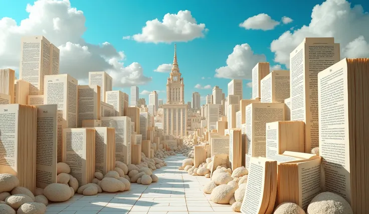 It appears to depict a cityscape crafted entirely from paper and books, with buildings made to look like they’re constructed from open books, pages, and various text-covered surfaces. The sky is a bright, cheerful blue with fluffy clouds, which contrasts n...