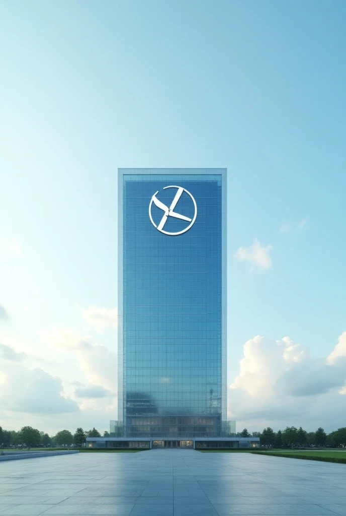 In the background is a modern glass building with LTs logo prominently displayed in a circle. The background is empty, which creates a great contrast against the corporate setting. The sky is clear and the clouds are low, which emphasizes a bright and rich...