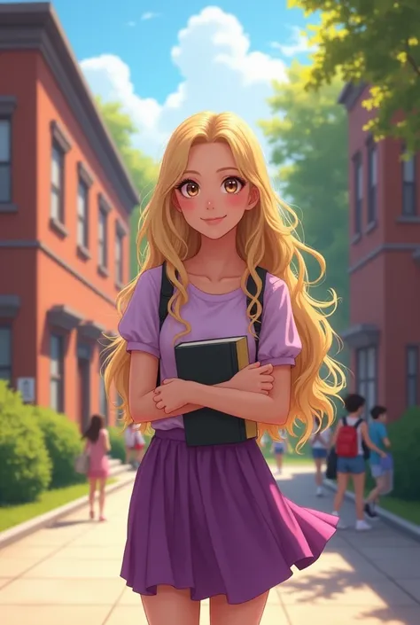 A beautiful teenager stands in the middle of a bustling high school courtyard, a soft smile on her face as she gazes directly into the camera. Her long, golden blonde hair cascades down her back in loose, wavy locks, catching the sunlight and shimmering wi...