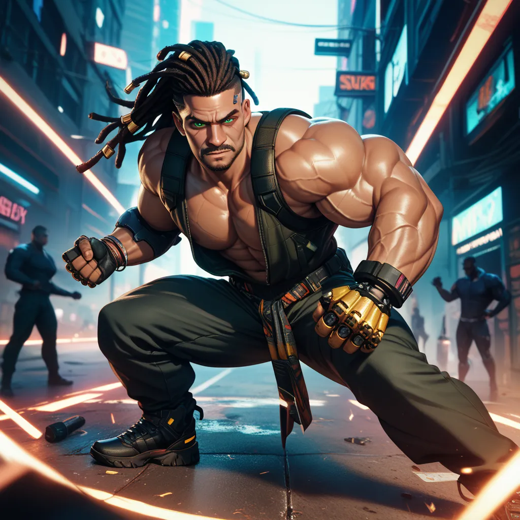 cyborg, 1_bulky_man_cyberpunk_2077, african, huge muscles, black skin, veins, wrinkles, adult male, rough, dreadlocks, cyborgarm...