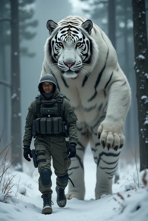 Create a powerful scene set in a dark, snowy forest, where a massive anthropomorphic white tiger, with a muscular humanoid body and intricate black stripes, walks alongside a human soldier dressed in camouflage and tactical gear. The tiger stands much tall...