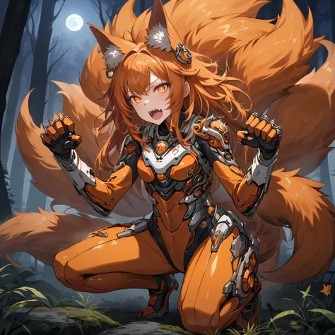 Mecha girl with fox motif, glowing eyes, fox ears, fox tail, nine tails, fangs, open mouth, orange hair, shaggy hair, long hair, fox motif exoskeleton bodysuit, squatting, paw pose, cowboy shot, threatening, foggy forest, night, midnight, crescent moon, ma...