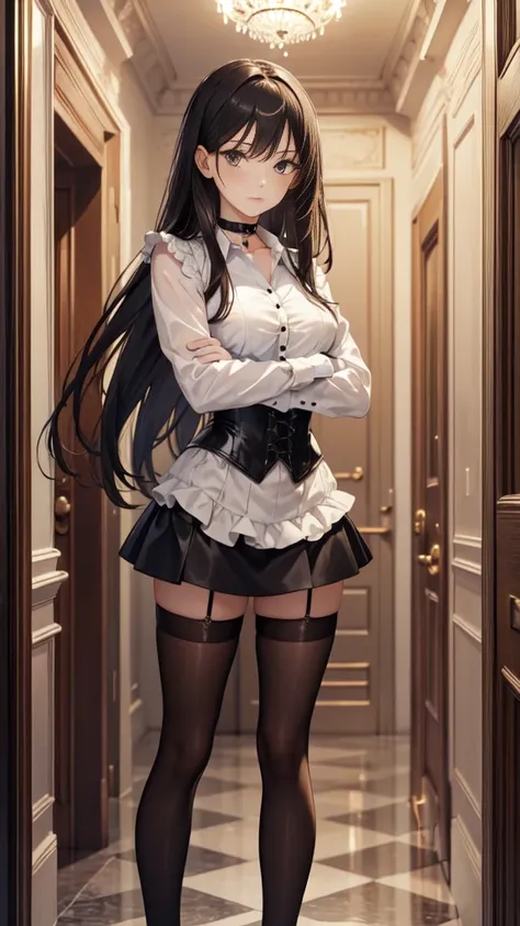  masterpiece ,  Best quality , high resolution,  beautiful detailed eyes ,  extremely detailed face , Detailed CG, 1 girl; standing,  crossed arms ,  view from the front,  looking at the spectator,  long black hair , black eyes, choker:1.6, (( white button...