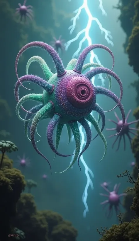 A medium-sized, alien air creature called Aeropectus, resembling a medusa floating in a dense, high-gravity atmosphere. Its body is a central spiral surrounded by glowing, violet and emerald filaments that extend outward in spirals, with a bioluminescent g...