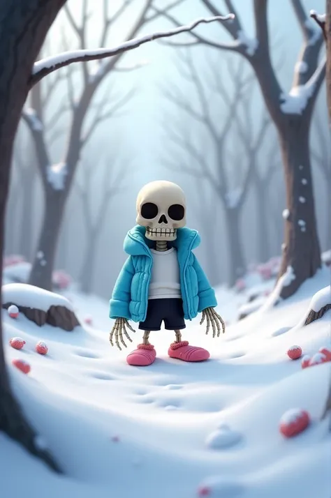 A short skeleton wearing a blue jacket white shirt black shorts wearing a pink slipper in a snowy forest