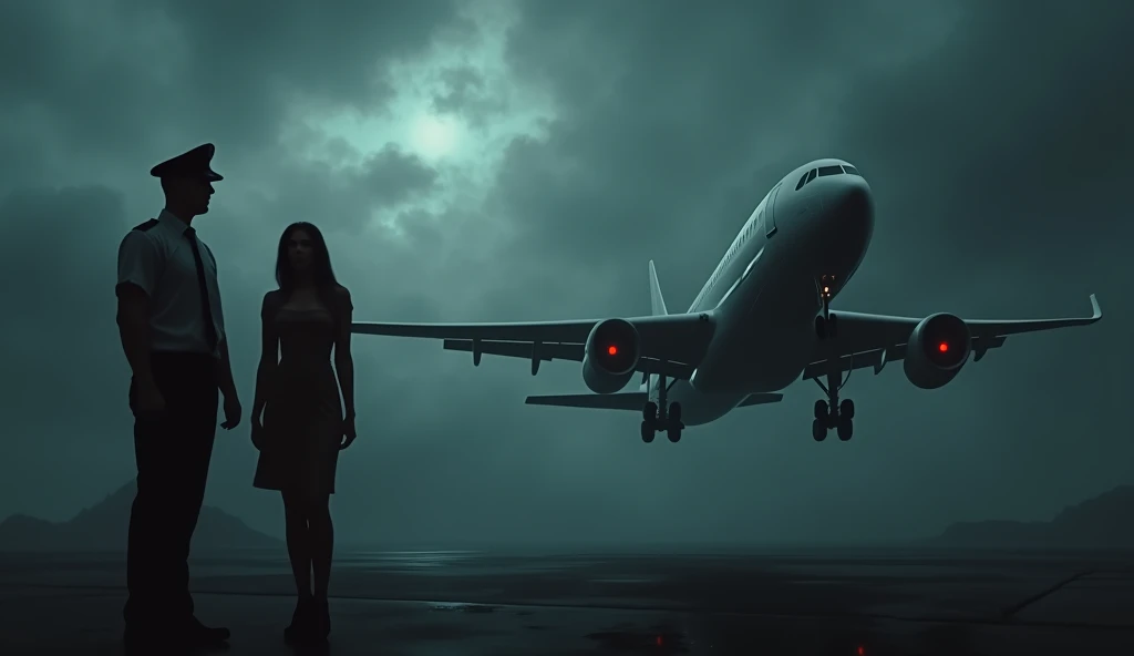 A dark, eerie scene of a large passenger airplane silhouette flying against a stormy, overcast sky. The background is filled with ominous dark gray clouds swirling around. On the left side of the image, a ghostly, haunting depiction of an airplane pilot an...