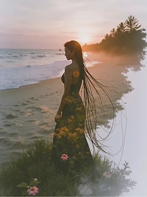 high quality, 8K Ultra HD, A beautiful double exposure that combines an goddess silhouette with sunset coast, sunset coast should serve as the underlying backdrop, with its details incorporated into the goddess , crisp lines, The background is monochrome, ...