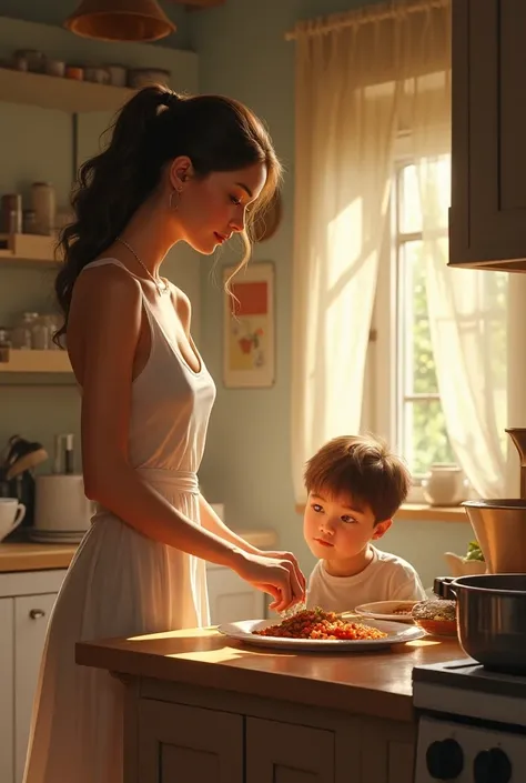  A beautiful woman making food ,  in a beautiful short dress with a neckline, And a boy watches 