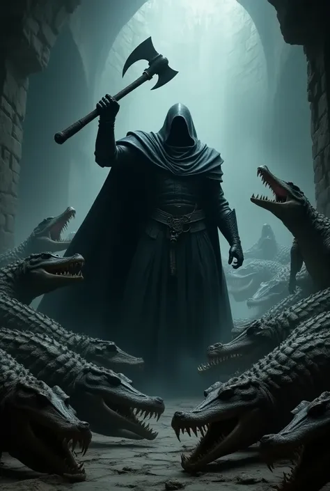  dark fantasy、 Inside the Dungeon 、
break
（（ taller than {x} fighting against a large number of crocodile monsters））、Full body shrew、Black Cape、
break
激しい戦闘、Dark atmosphere、Immersive feeling like in a movie 、（（A black knight with a giant axe that is ））、Wav...