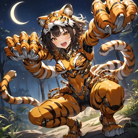 Tiger motif mecha girl, shining eyes, tiger ears, tiger tail, tiger pattern, fangs, open mouth, orange and black hair, shaggy hair, medium hair, tiger motif exoskeleton bodysuit, squat, foot pose, cowboy shot, wilderness, night, midnight, crescent moon, Ro...