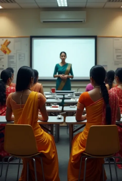 Beautiful Indian women in a training session  with laptop and good smart class room setup.change the dress into saree and a teacher in front.