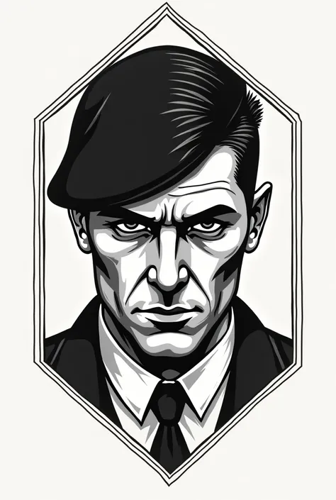 Faire modèle de tatouage thomas shelby de peaky blinders en noir et blanc, très simple
