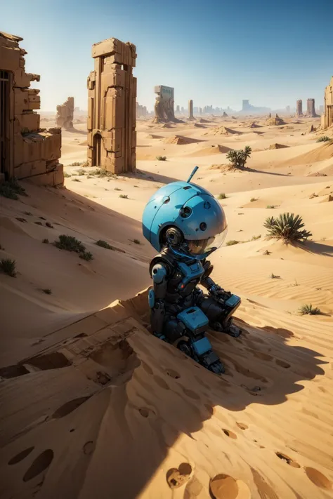 1robot,android,machine, little,
(no human),in desert,vast world,
((desolation world)),ruin, devastation, desolate land,