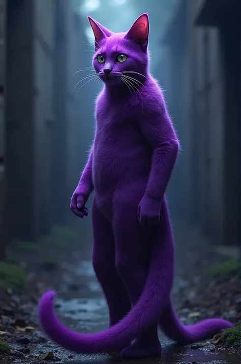 A man puts on a purple anthropomorphic cat costume and becomes one