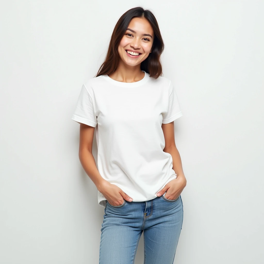 White-skinned Latin American woman, wearing a short sleeve red t-shirt or polo,  with round neck or v cotton fabric,  jean pants,  polo out of the pants, Full polo shirt is enough visible, looking ahead smiling, Hands away from the chest, Giving a like wit...