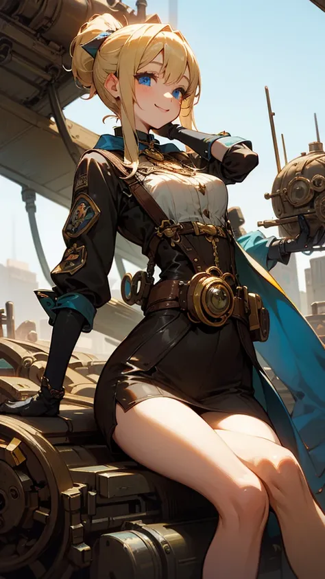  Hi-Res,  Steampunk Girls 、A beautiful fantasy with mechanical 、
 Blonde Perm Ponytail Blue Eyes、smile、goggles