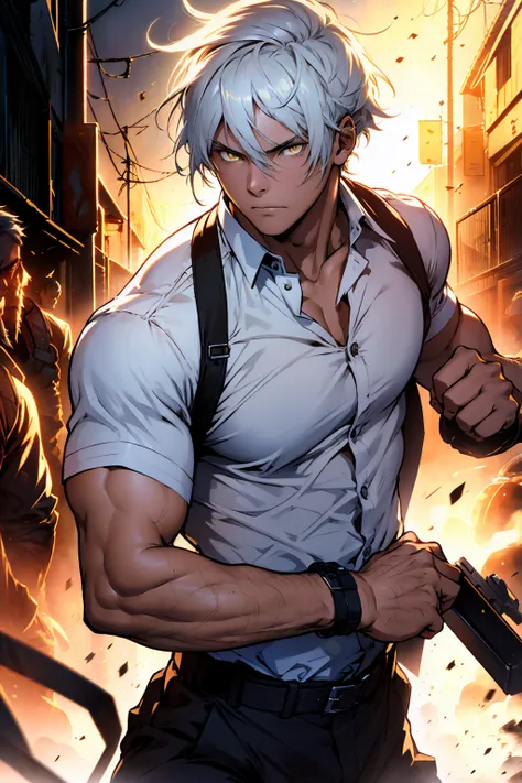  Young man with a calm expression and a confident look, Boxing stance , white hair,  bright yellow eyes ,  wearing brown shoulder holster with a cleaver , IN BOXING POSITION;