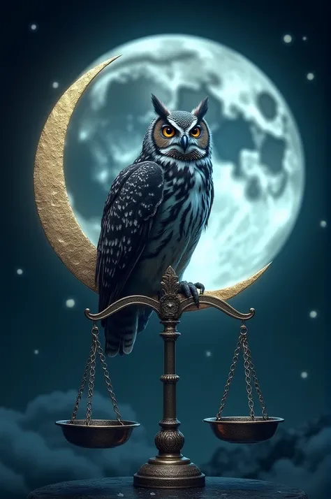 Moon design with an owl and the scales of justice 
