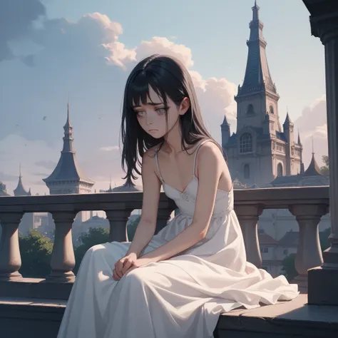  A girl of  with small breasts in a white dress sits on top of a tower looking at the night sky.Sad facial expression  .Long black hair and grey eyes. embraces herself 