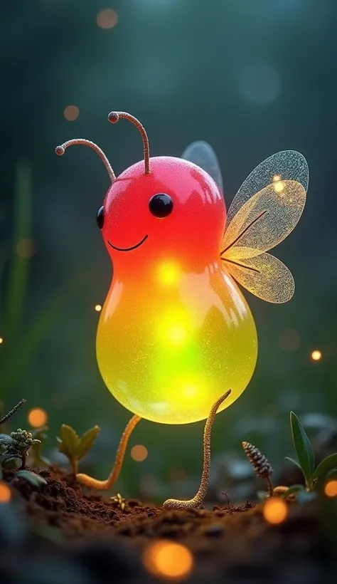 
"Imagine a charming hybrid between a jelly bean and a firefly, glowing softly in the twilight. Its body is shaped like a plump, colorful jelly bean, with vibrant hues like cherry red, lemon yellow, and lime green. The jelly bean’s surface has a smooth, tr...