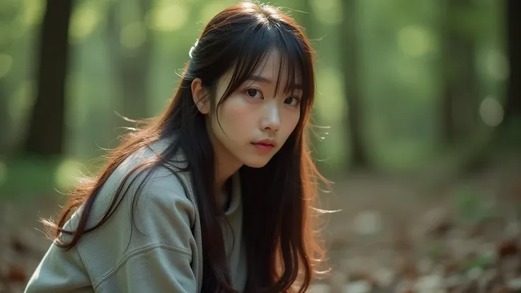  beautiful 30 year old Japanese woman 、whole body、brown half up、brown eyes、  beautiful eyes 、Squatting、In the woods、 Hi-Res、 high quality、 Movie Lighting、4K quality