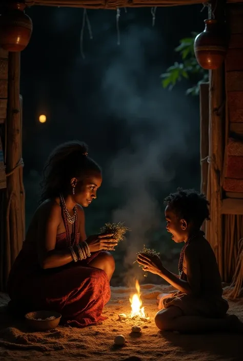 Inside a small hut lit only by a faint fire, An African black mother with traditional attire kneels beside her son, clutching a burning bundle of herbs. Her face is lined with fear as she mutters words under her breath, casting glances at the doorway as if...