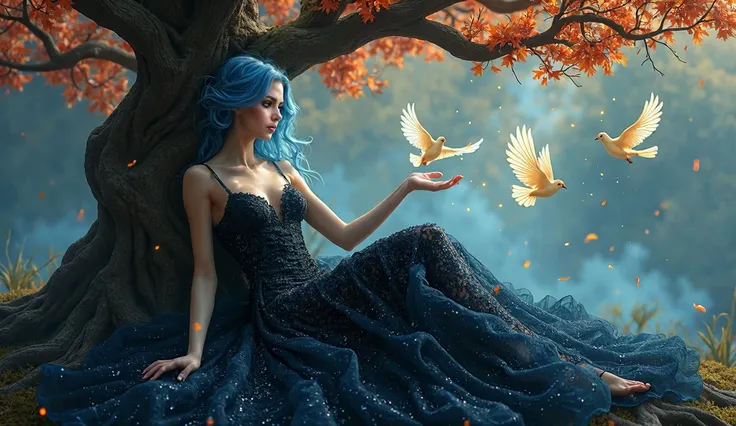 ultra realistic professional full body camera   ((, Ethereal blue-haired goddess in an intricate black lace dress with crystalline patterns that seem alive, dress flowing impossibly through space like liquid shadow and starlight. The dress reveals elegant ...