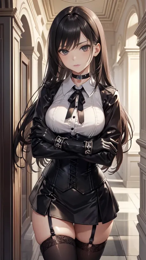  masterpiece ,  Best quality , high resolution,  beautiful detailed eyes ,  extremely detailed face , Detailed CG, 1 girl; standing,  crossed arms ,  view from the front,  looking at the spectator,  long black hair , black eyes, choker:1.6, (( white button...