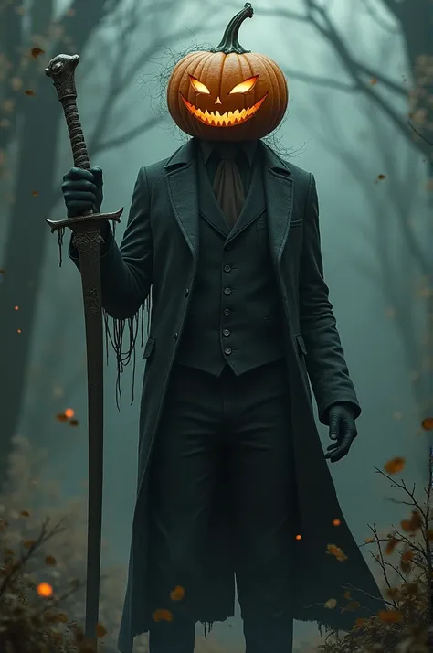 Make a man in a torn suit ,  pumpkin head holding Kikoku with the sword