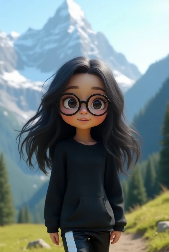 Pixar girl with long wavy black hair glasses exploring the mountains 
Black sweatshirt with long sleeves and black white tennis pants 
Wavy and long black hair 
Pixar girl cuddles her pretty eyes 
Pixar Girl Explorer 