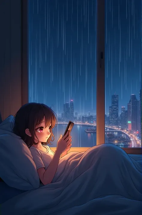 a character in an anime style is reclining in bed, holding a smartphone. The room is cozy, with large windows offering a view of a rain-soaked cityscape at night. Raindrops streak down the window, illuminated by the soft glow of distant city lights.