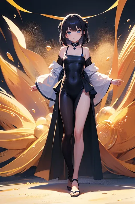 highres, masterpiece, perfect anatomy, best quality,8k, perfect face, expressive eyes, 1girl, flat chest, bubbly pose, happy, standing, creative, official art, full body, trending on pixiv, white background