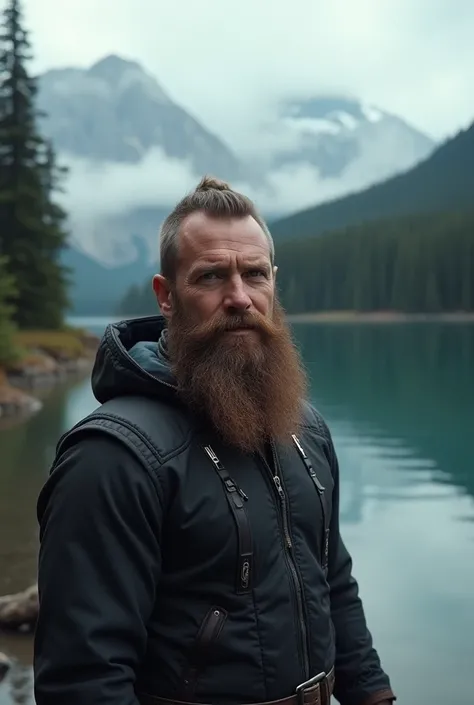  A man with brown hair, 40 years, ((Viking Beard ), ((( extremely detailed upper body portrait , happy)), Naturaleza,  mountain lake , (((Overcast weather)), (( Late Afternoon )), ((black clothes),  pine trees at the foot of the mountain ,  clothing for th...