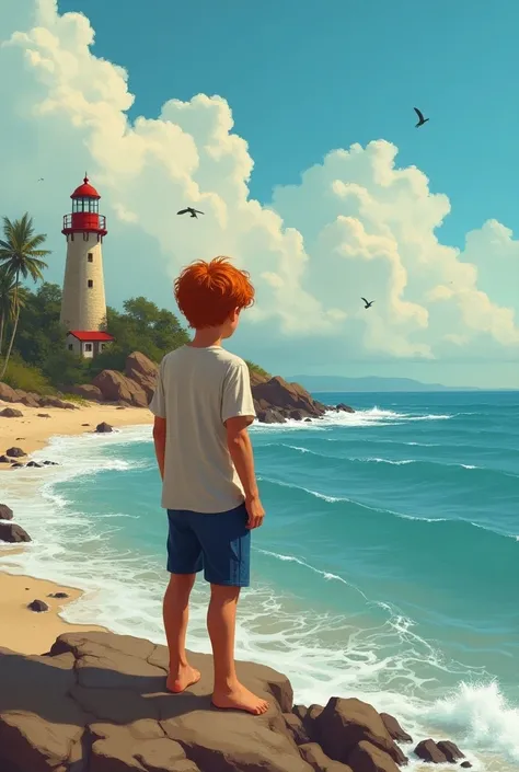  book cover about a 14-year-old boy , red-haired,  who is going to spend a week on an island with a beach and a lighthouse, with his fathers best friend , 33 years old,  to tell him about his sexuality . 