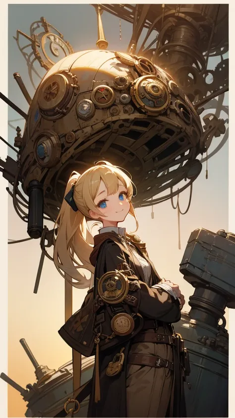  Hi-Res,  Steampunk Girls 、A beautiful fantasy with mechanical 、
 Blonde Perm Ponytail Blue Eyes、smile、goggles、Artistic Illustration 