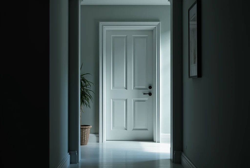 Average white doors, close up view from the inside of a house. Image must be realistic as possible. Present it in a dramatic way. Movie quality image.