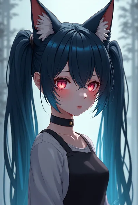  High Definition Model ,  twin tails, chest, Red eyes,  blue eyes,  taken in by a robot ,  anime style, Shes a tall girl with wolf ears