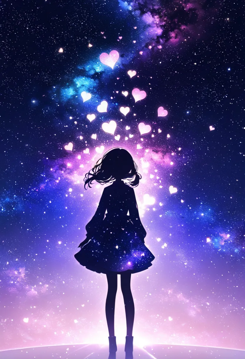 ((   glitter))、Shine絵 、  one woman,Black silhouette, galaxy silhouettes ,シルエット内部がShine, Imaginary,grow up,  lots of hearts ,Shineハート,White ,Shine ,pink,Unity,  光がShine  ,    visible from afar 