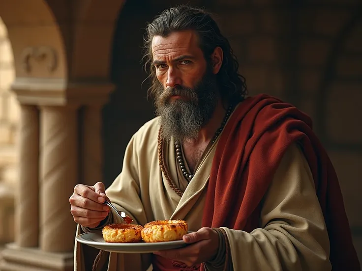 Ultra-realistic image HD ,8k, biblical , ESAU HAS A PLATE OF FOOD IN HIS HANDS EATING