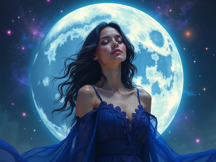 A powerful and mesmerizing portrait of a woman standing before a glowing, majestic full Moon, with vibrant colors and a surreal, cosmic atmosphere. The woman has an expression of serene confidence, her head tilted slightly back, eyes closed, and her dark, ...