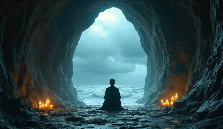 Safe Haven :  A scene of a protected cave ,  with someone at peace praying inside ,  as a storm breaks down around ,  representing the safety of the Most Highs hiding place.