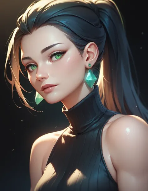 female black sleeveless turtleneck with bare shoulders and racerback, bare toned arms, beautiful faces, black ponytail with showing forehead, earrings, soft smooth skin, pale skin, black background, green eyes, sci-fi