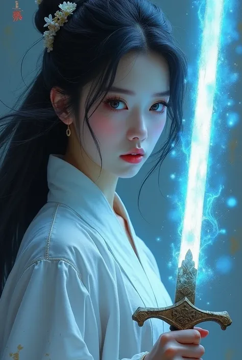 oil painting, ultra high quality, very detailed, close up, a pale Chinese female martial arts holding a sword with shimmering glowing blue fire, holy knight, God glow, close up, dirty used and scratched gear, ultra detailed, romantic, fantastical, focus on...