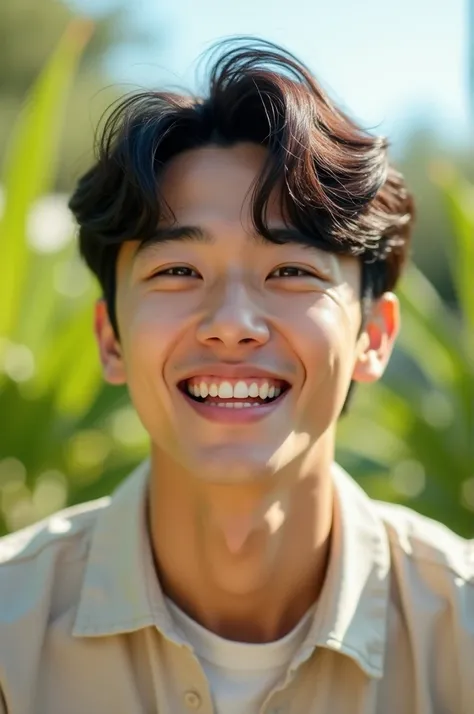 In fact, masterpiece, 8k HD,  Good quality of light , Suitable for face shape,  intricate details ),  Handsome young Korean, 20 years old, Be happy, Smile brightly,  Detailed Facial,  delicate eye, มองดูSky, Undressed ，You can see ,  black eyes, Black hair...