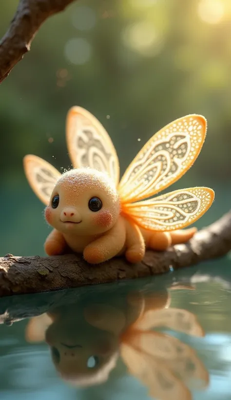 
"Imagine a whimsical hybrid between a sugar cookie and a dragonfly, resting gently on a branch above a tranquil pond. Its wings are delicate, made of thin, crispy sugar cookie dough, with intricate icing patterns adorning them like edible lace. The body o...