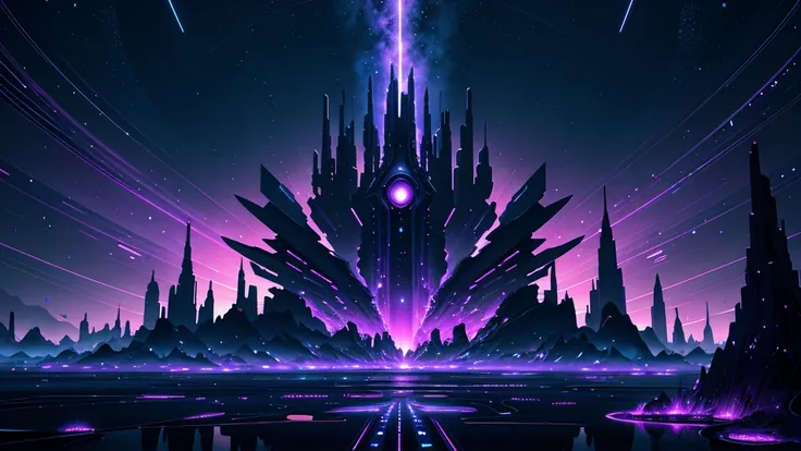 Visualize an alien cityscape with towering crystalline structures and glowing energy fields, set against a violet-hued sky with strange planetary bodies in the distance. The scene is cinematic, showcasing the geometric precision of the alien architecture a...